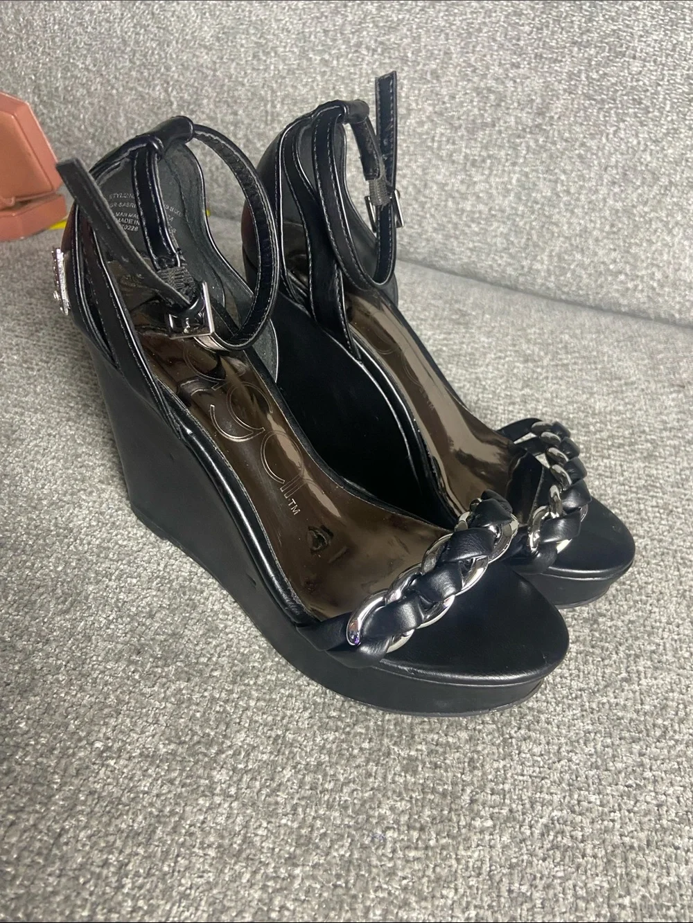 Sugar Women’s Black Wedge Sandals with Chain Accent size 6 M